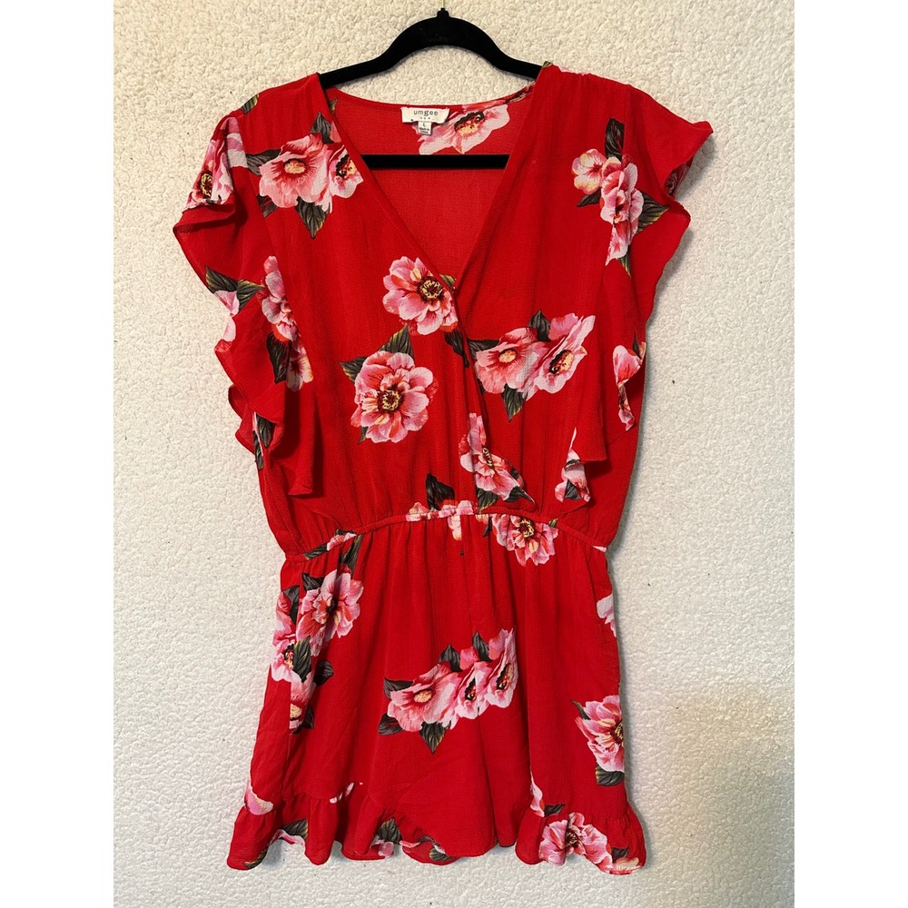 Umgee‎ Red Floral Ruffle Sleeve V Neck Romper Dress Size L